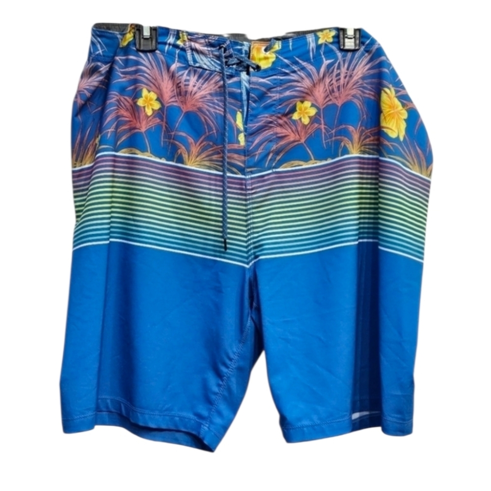 Hurley Floral Stripped Blue 86% Recycled Polyester 14% Spandex Swim Shorts Sz 38